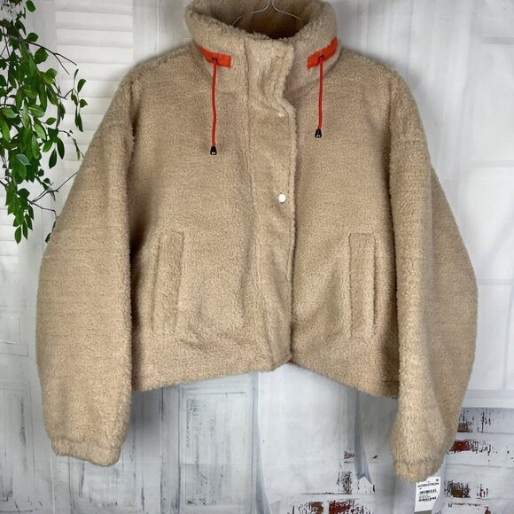 BP. Nordstrom Juniors Faux Shearling Boxy Bomber Teddy Jacket Beige Burnt Sz Med - Picture 3 of 8